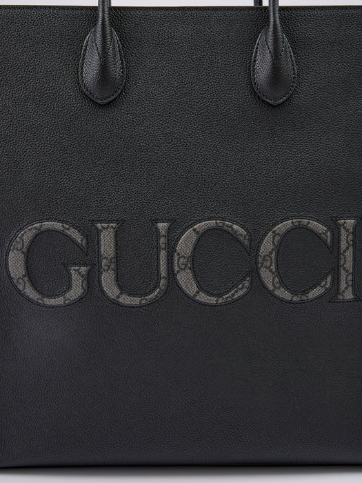 Gucci Black Leather Logo Medium Tote Bag