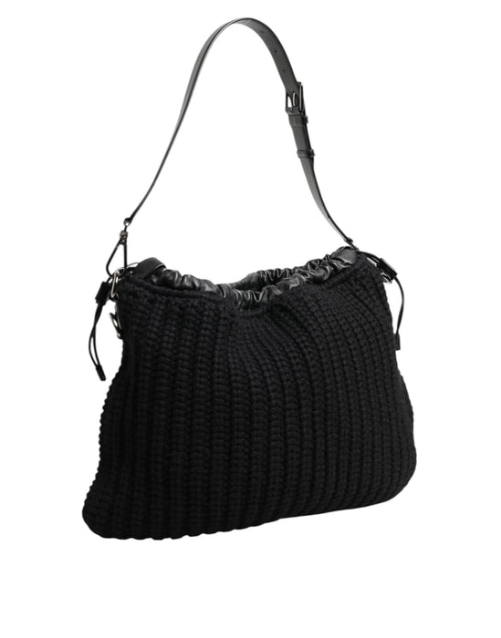 Dolce & Gabbana Black Cashmere Knitted Leather Shoulder Women Borse Bag