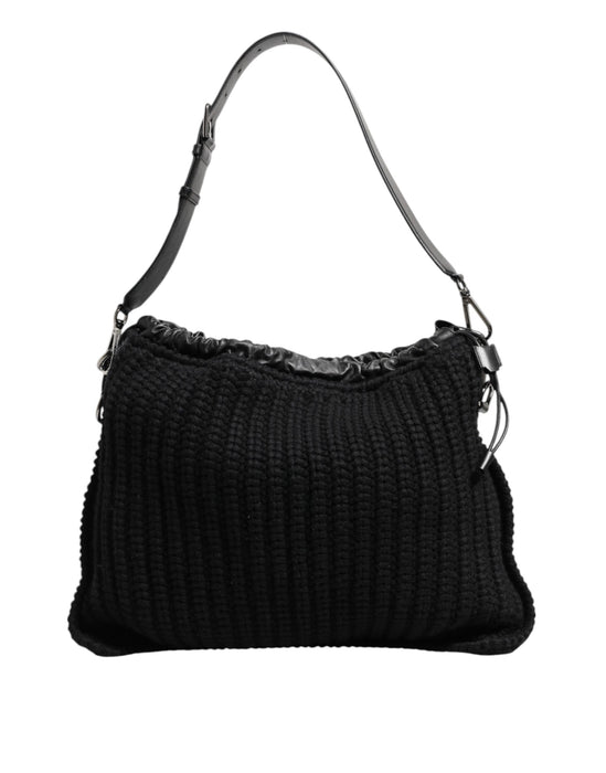 Dolce & Gabbana Black Cashmere Knitted Leather Shoulder Women Borse Bag